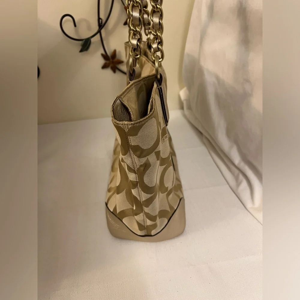 Coach Colette Opt Art Logo Gold Canvas Leather Large Tote Bag—read description